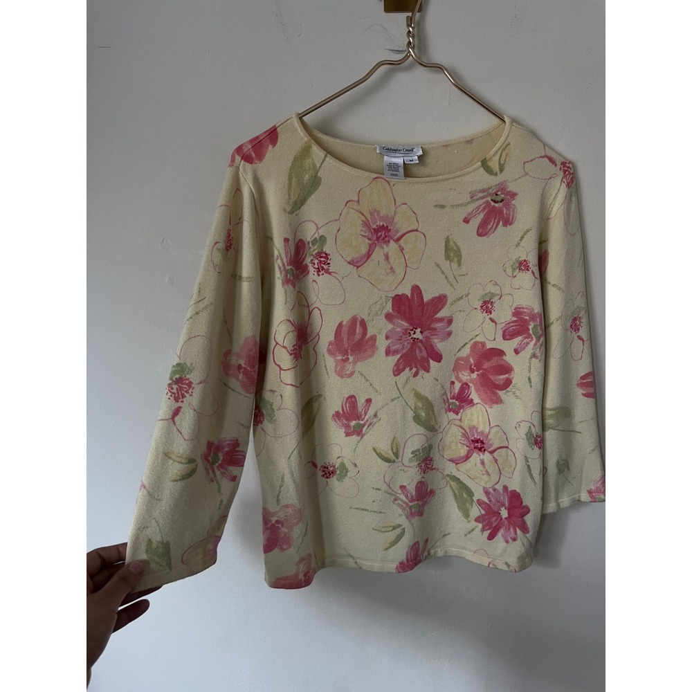 Coldwater Creek Floral Knit Sweater Top Yellow Pink 3/4 Sleeve Cottagecore M - Picture 3 of 6
